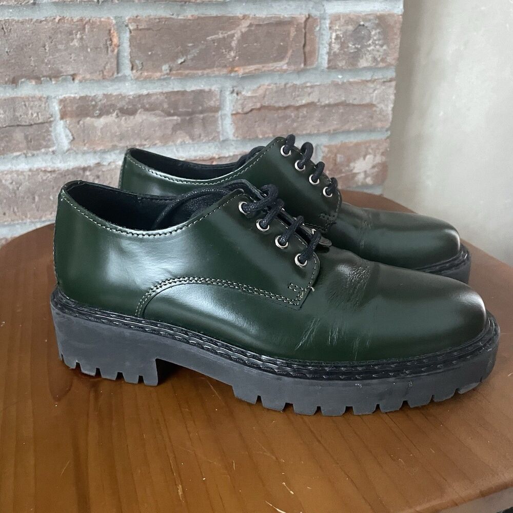 Anthropologie Maeve Leather Oxford Women's Size 5.5 EU 36 Green Lace Up Lug